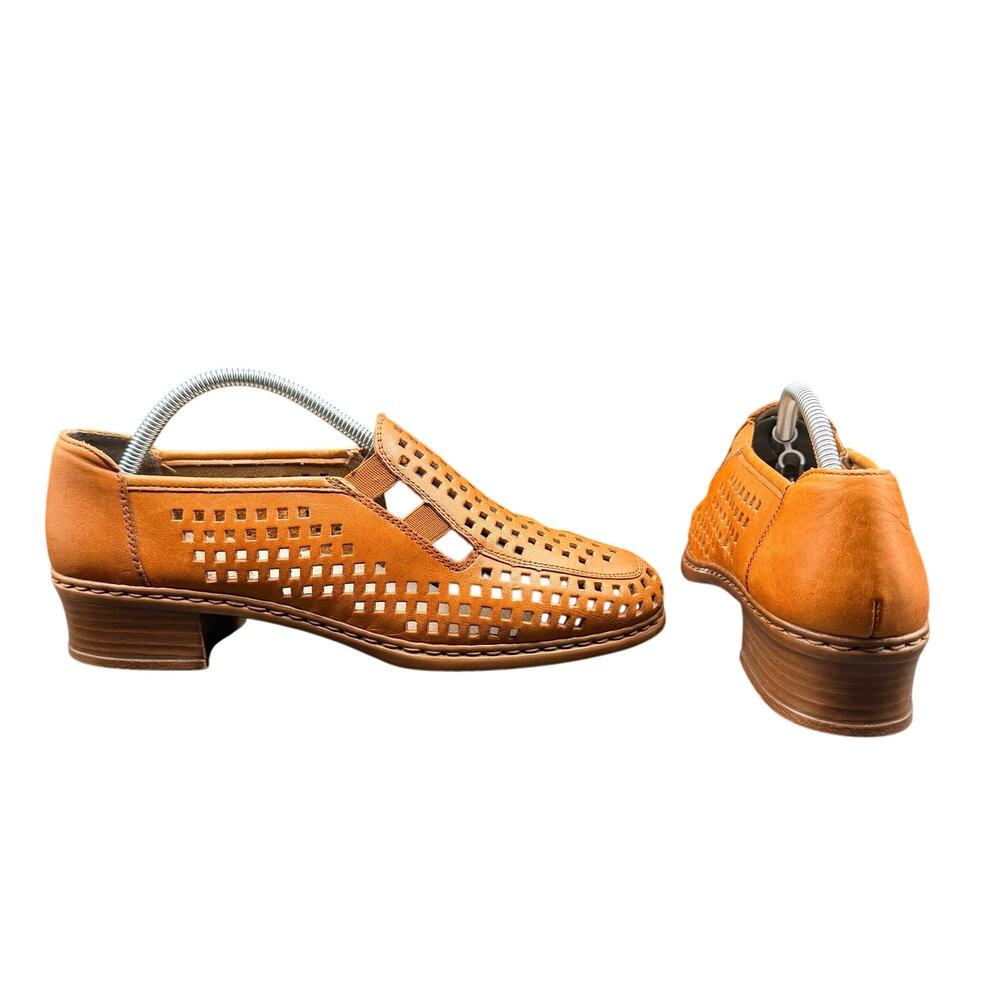 Rieker Leather Cutout Loafers Block Heel Cognac Brown Women’s 6.5